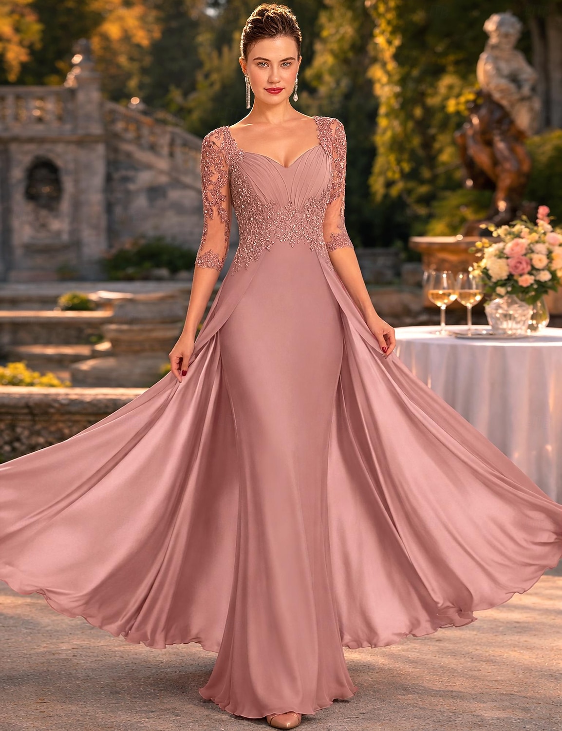 Funda Columna Hasta el Suelo Vestido Invitada Boda Vestido formal Vestido de noche Vestido de Madrina Manga 3/4 Escote Cuadrado Elegante Fiesta Formal Invitado a la boda Gasa Encaje con Lentejuela 2026 - $206.99 –P3