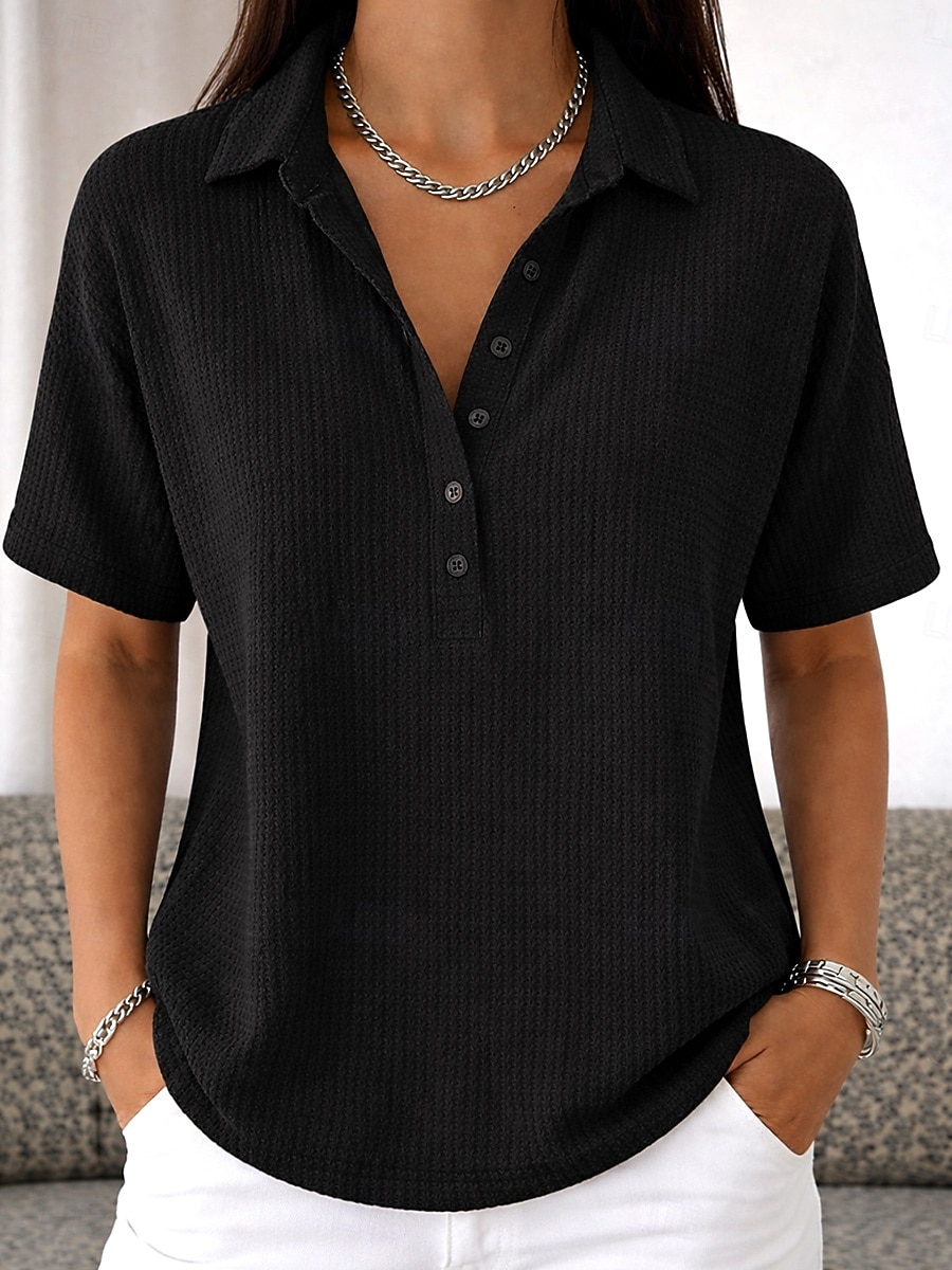 Vrouwen Wafel Tuniek Knopen Effen Kleur Eenvoudig Vintage Stijlvol Klassiek Korte Mouwen Omgeslagen Reguliere Tops Dagelijks Wit Roze Lichtblauw Zomer Lente 2026 - $27.99 –P11