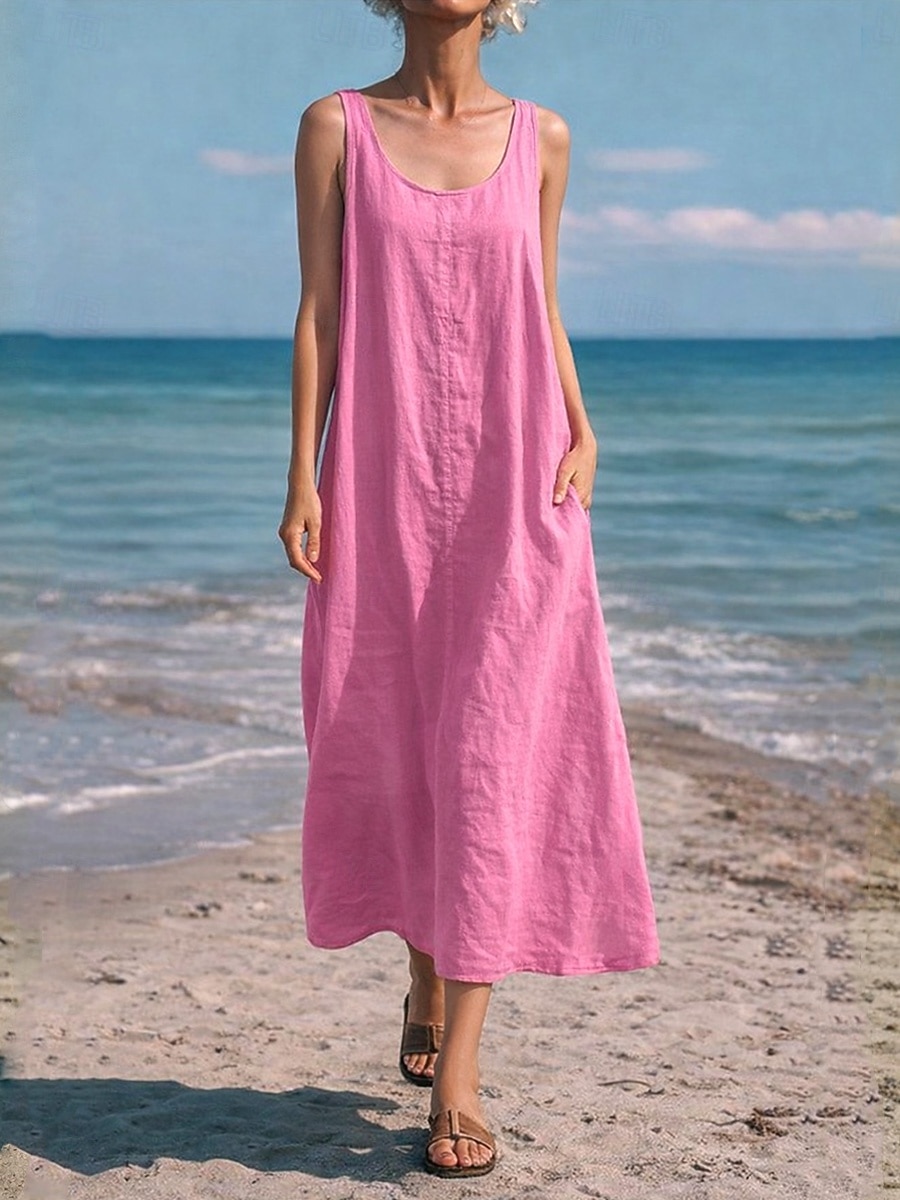 Per donna Abito maxi Finto cotone e lino Abito a Tubino Abito Estivo Abito Sottoveste Casual Spiaggia Quotidiano Vestibilità comoda Semplice Senza Maniche Collo a U Blu blu navy Giallo Rosso Estate del 2026 a $27.99 –P7