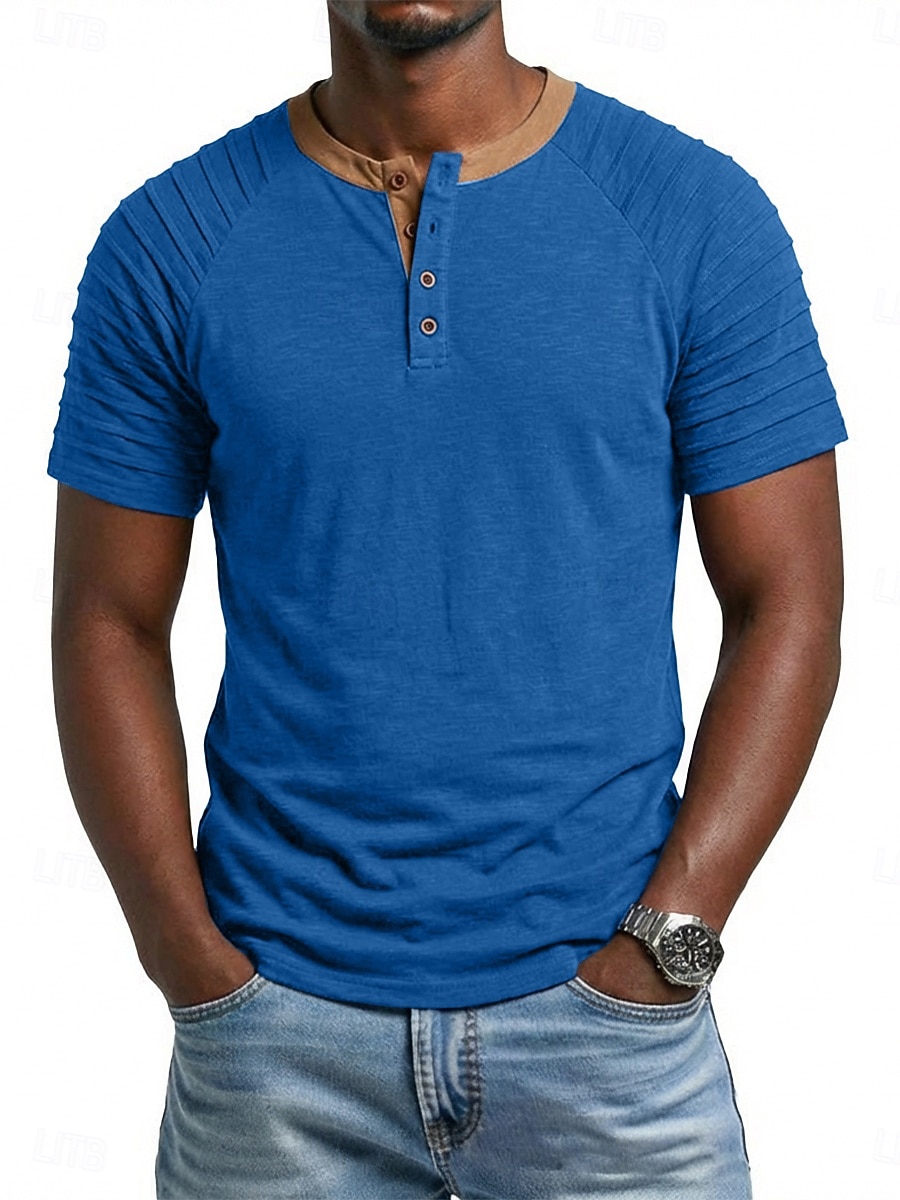 2026年 男性用 ヘンリーシャツ Tシャツ 半袖 パッチワーク ファッション デザイナー カジュアル フリル ボタン ヘンリー カジュアル 日常 アウトドア 夏 春 オールシーズン ロイヤルブルー ヘンリーTシャツ  コレクション – $24.99 –P9