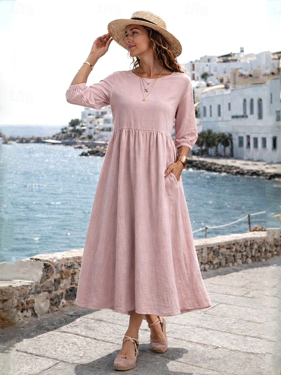 a line dresses casual Women's Midi Dress Linen-feel Dress Daily Regular Fit Plain 3/4 Length Sleeve Crew Neck Blue White Light Green Pink Summer Spring Fall 2026 Japanese and New Leisure Design A-line Dresses Casual and for