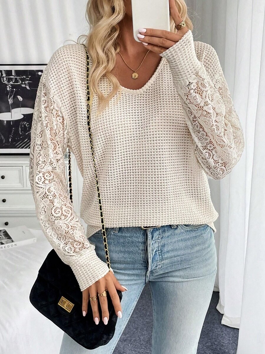 Per donna Maglietta Waffle Maglietta Blusa Top in pizzo Pizzo Semplice Elegante Essenziale Classico Manica Lunga Scollo a V Top Regolari Quotidiano Ferie Uscire Albicocca Estate Primavera del 2026 a $27.99 –P1