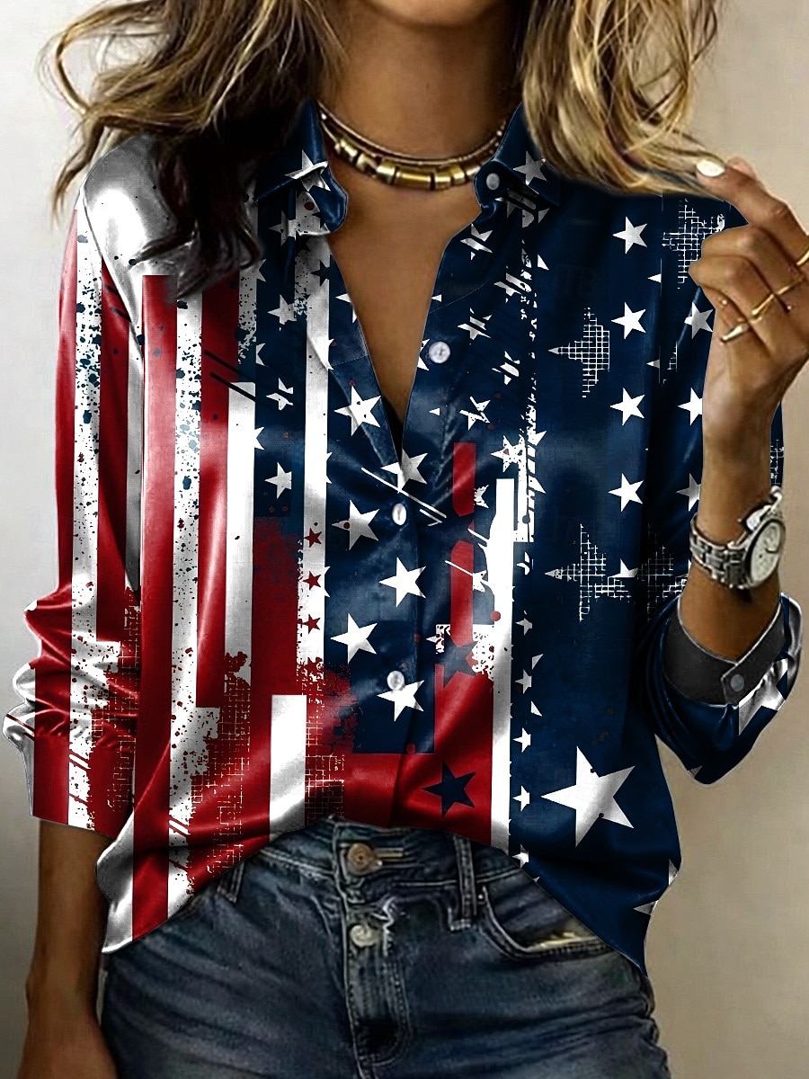 يوم الاستقلال الأمريكي نسائي قميص قميص الساتان زر قميص أسفل قميص غير رسمي طباعة الرسم علم عتيق أنيق كلاسيكي كم طويل قبعة القميص قمصان عادية مناسب للبس اليومي مناسب للعطلات مناسب للخارج 2026 - $28.99 –P3