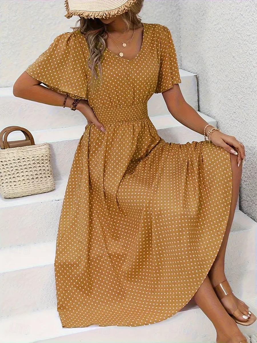 Pentru femei Rochii Midi Rochie casual Rochie imprimata Elegant Modă Modern În aer liber Vacanță Ieșire Fit regulat Buline Manșon scurt În V Albastru piscină Negru Galben Roz Îmbujorat Vară Primăvară 2026 - $25.99 –P8