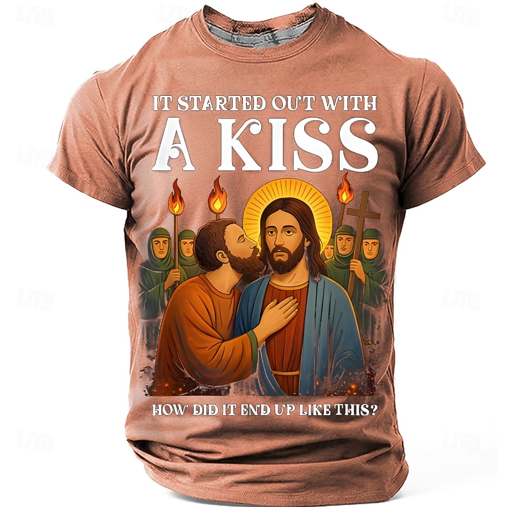 T-shirt graphique religieux drôle Bible pour hommes ça a commencé par un baiser Judas embrassant Jésus parodie religieuse T-shirt comment cela a-t-il fini comme ça drôle mème chrétien cadeau de 2026 ? $21.99 –P4