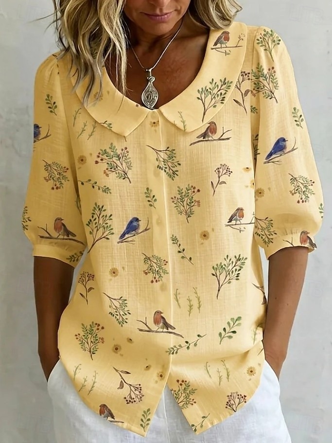 Per donna Camicia Floreale Grafico Vintage Elegante Collare Peter Pan Top lunghi Quotidiano Ferie Uscire Blu Bianco Giallo Estate Primavera del 2026 a $32.99 –P2