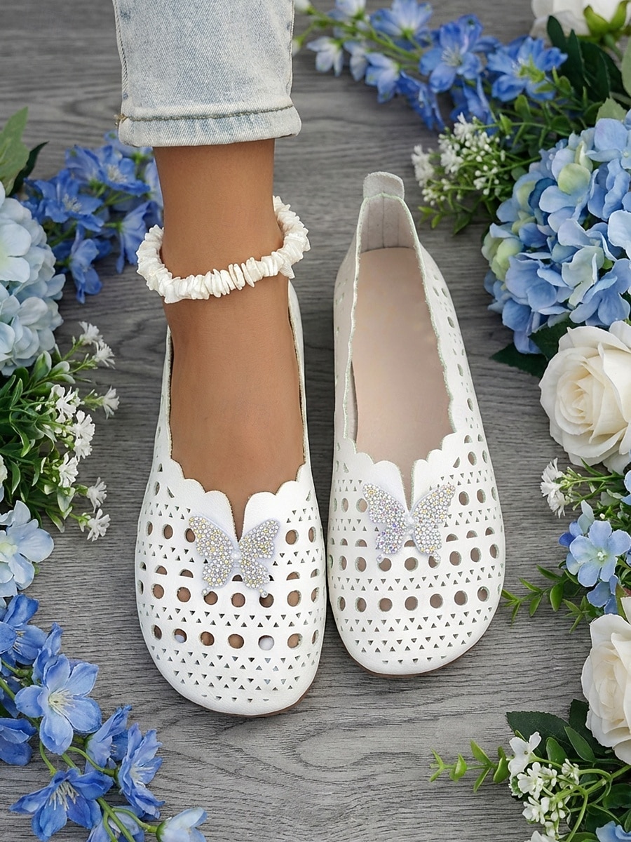 Sapatos femininos brancos de bico largo com borboleta de strass – mocassins vazados macios e respiráveis para uso casual, viagens e dia a dia. de 2026 por $19.99 –P5