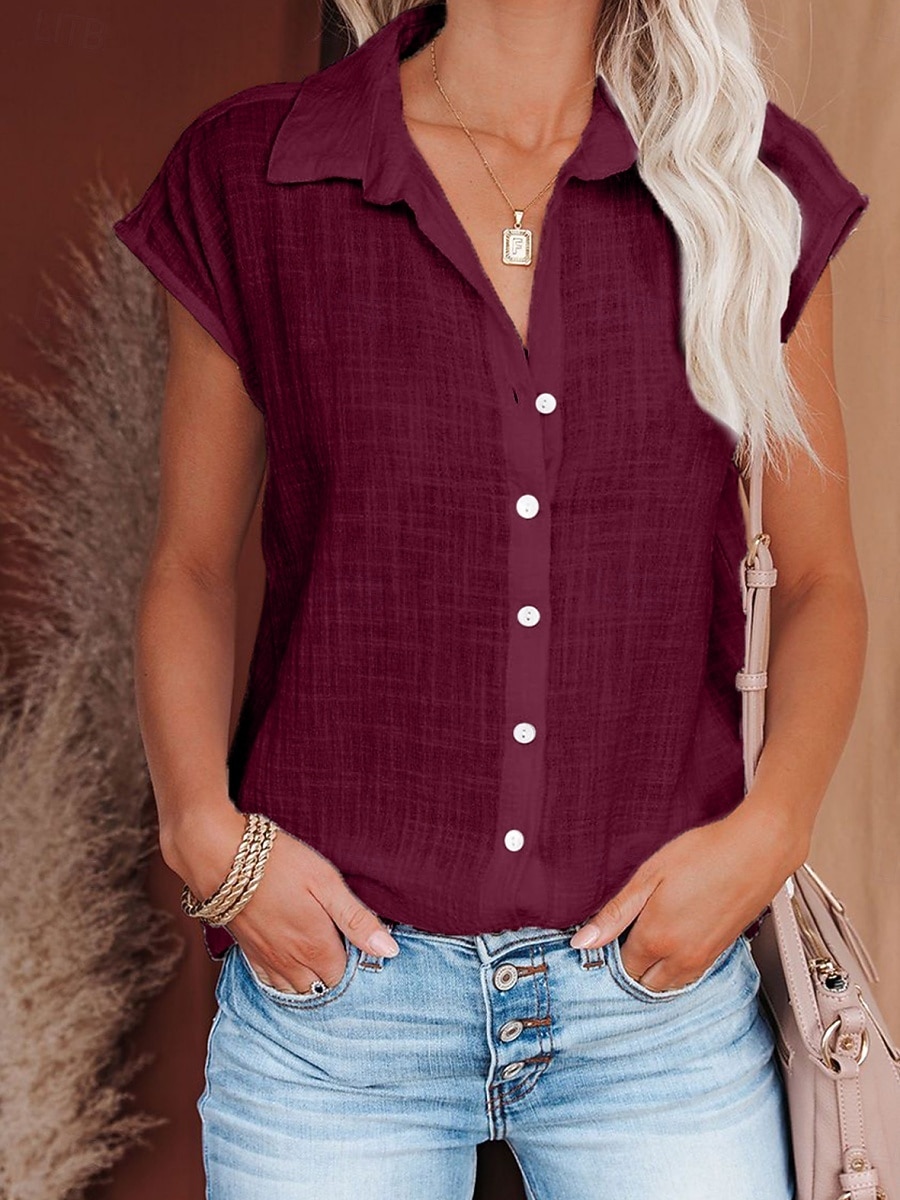 Women's Blouse Cotton Shirt Buttons Solid Color Vintage Daily Stylish Short Sleeve Shirt Collar Regular Tops Daily Blue Black White Pink Wine Summer Spring 2026 - $19.99 –P15