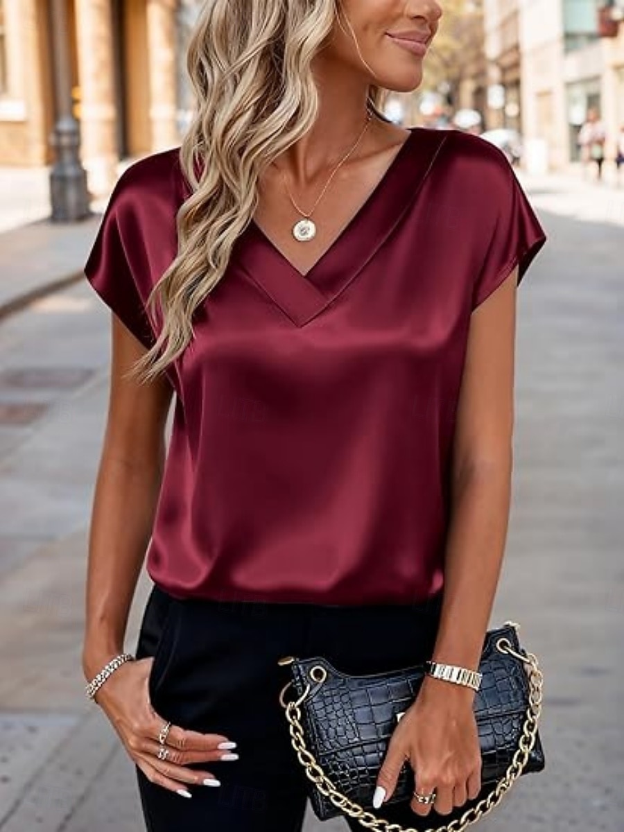 Dames satijnen top T-shirt Effen Elegant Modieus Stijlvol Korte mouw V-hals Normale tops Dagelijks Uitgaan Weekend Champagne Goud Wijn Rood Koffie Zomer Lente 2026 - $19.99 –P2