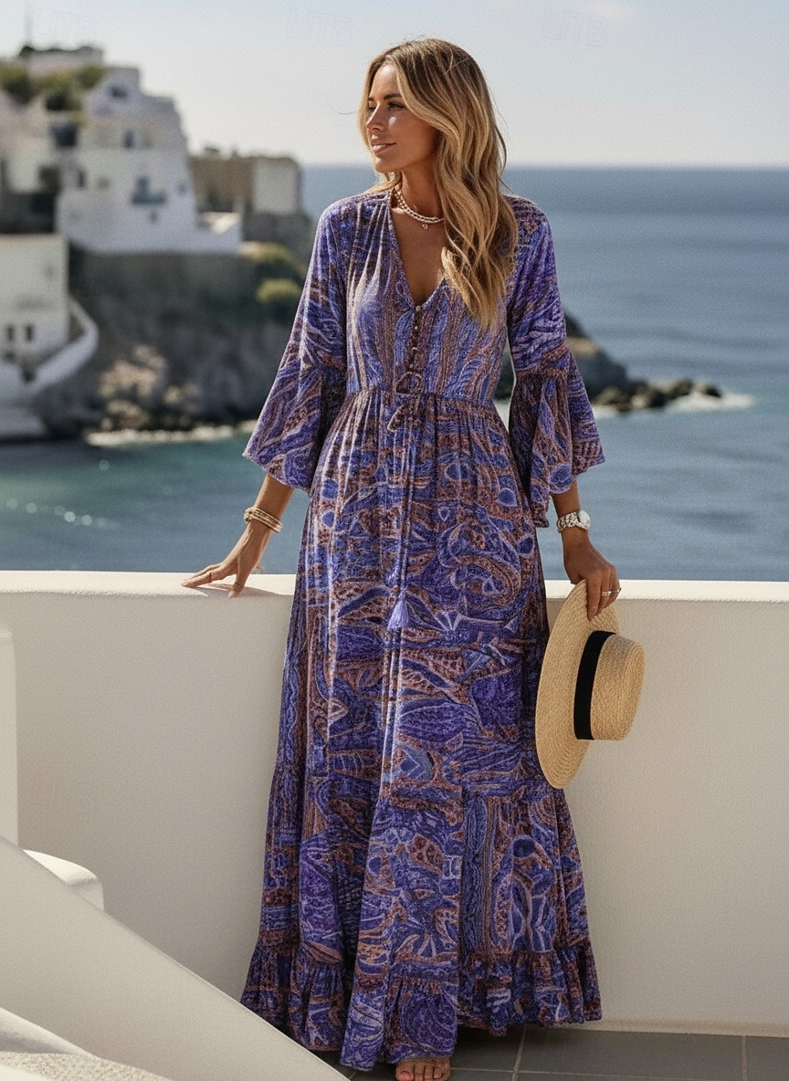 Damen Maxikleid Boho-Kleid Freizeitkleid Schwingkleid A Linie Kleid Vintage Lässig Täglich Normale Passform Blumen Langarm V Ausschnitt Blau Rote Purpur Orange Sommer Frühling Herbst 2026 - $29.99 –P6