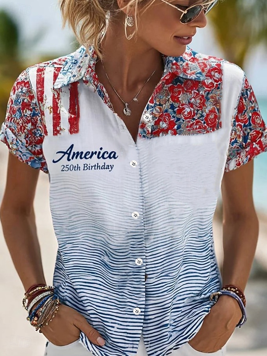Cămașa pentru femei de Ziua Independenței Americane cu mânecă scurtă grafică steag vintage stilată casual cu guler topuri de zi obișnuite albastru deschis vară primăvară 2026 - $26.99 –P1