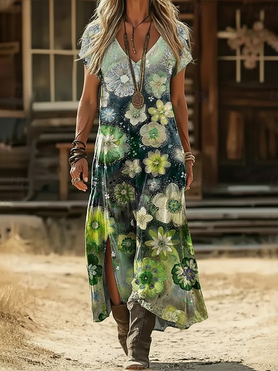 Per donna Abito maxi Abito Boho Vestito Casual Abito a trapezio Abito Stampato Vintage All'aperto Vacanza Weekend Vestibilità regolare Floreale Grafico Manica Corta Scollo a V Blu marino Viola Verde del 2026 a $25.99 –P5