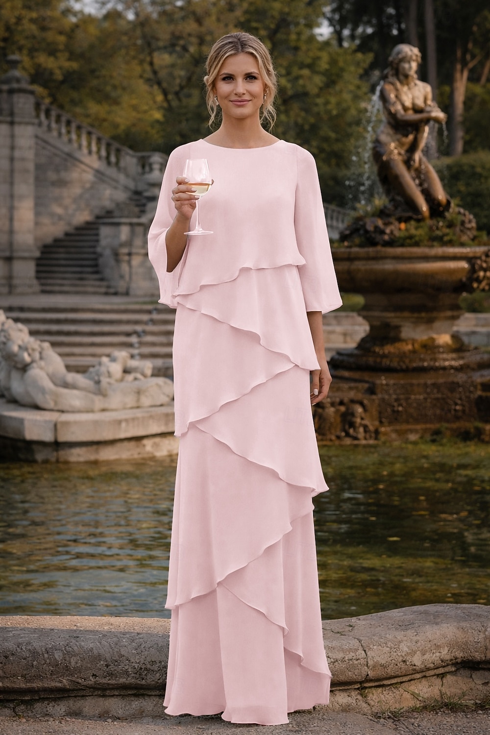 Schlauchkleid Bodenlang Kleid für Hochzeitsgäste Abendkleid Brautmutterkleid Dreiviertelarm Rundhalsausschnitt Elegant Formell Chiffon mit Rüschen 2026 - $89.99 –P14