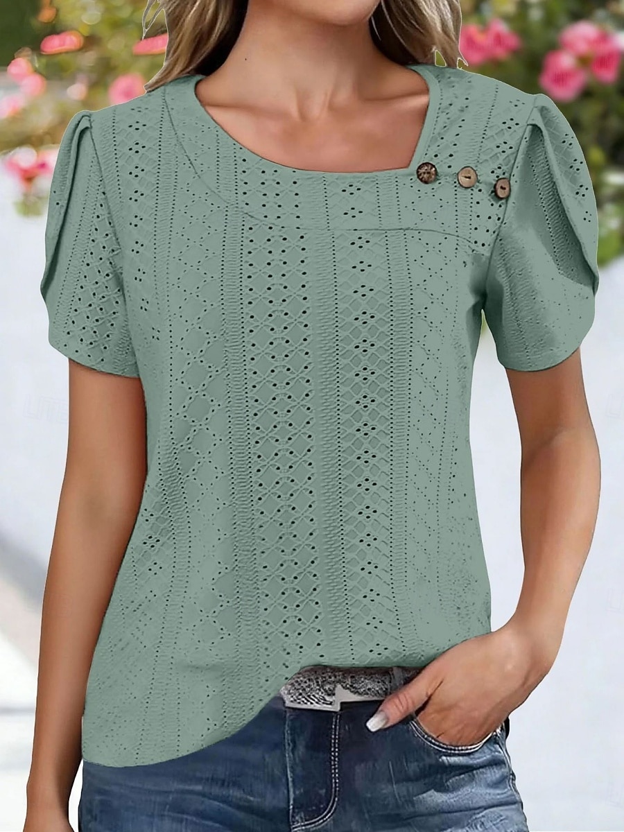 Γυναικεία Πουκάμισο Πουκάμισο Pointelle Κορυφή ματιών Μπλούζα Μικρή Οπή Κουμπιά Σκέτο Βίντατζ Στυλάτο Κλασσικό Κοντομάνικο Ασύμμετρο Κανονικά μπλουζάκια Causal Καθημερινά Παραλία 2026 - $18.49 –P4