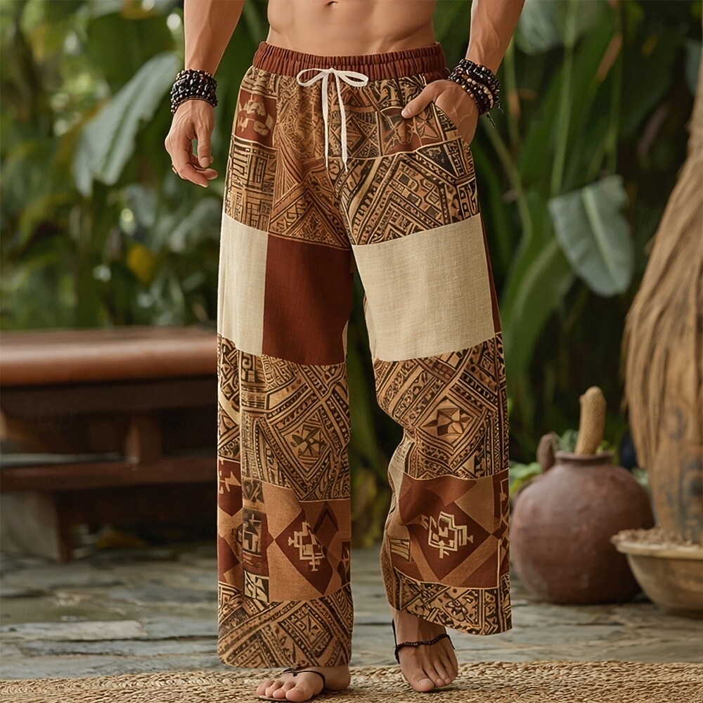 Voor heren Kleurenblok Geometrisch patroon Etnisch Broek Wijde broek Vrijetijdsbroek Medium Taille Boho Vintage Retro Huis Buiten Vakantie Elastische tailleband met trekkoord Linnen broek met zakken 2026 - $27.99 –P1