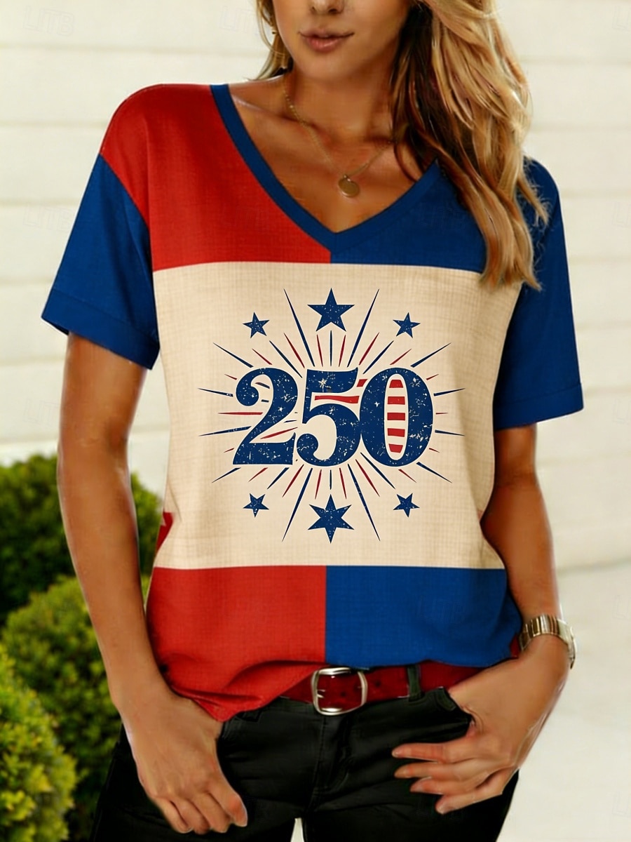 2026年 アメリカ独立記念日 女性用 Tシャツ ティートップ プリント グラフィック フラッグ スタイリッシュ クラシック カジュアル 半袖 Ｖネック レギュラートップス 日常 お出かけ 週末 ブルー ルビーレッド レッドとブルー 夏 春  コレクション – $17.49 –P3