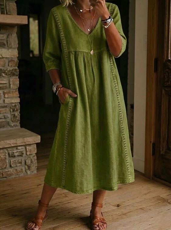 Abito Midi da Donna in 100% Cotone Abito a Finta Lino Abito all Aline Abito Estivo Vacanza Festa Casual Giornaliero Ufficio Spiaggia Vestibilità Larga Semplice Maniche Corte Collo a V Blu Chiaro Nero del 2026 a $31.99 –P6