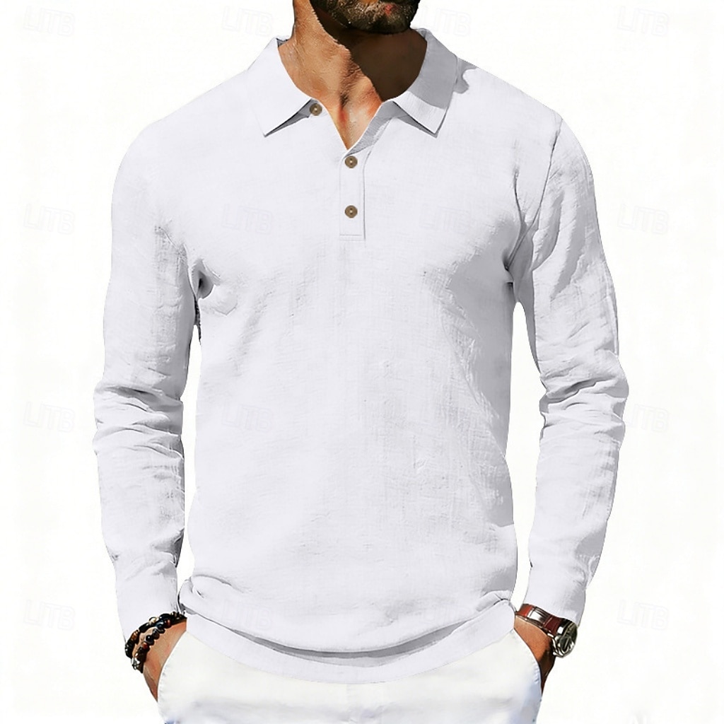 Men's Linen Shirt Polo Shirts Casual Street Lapel Long Sleeve Basic Modern Plain Buttons Spring Fall Regular Fit Black White Navy Blue Khaki Dark Grey Army Green Linen Shirt 2026 - $22.99 –P8