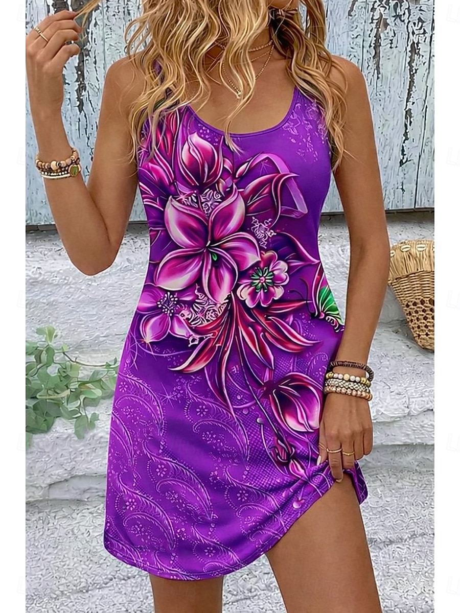 Dam Mini klänning Solklänning A linjeklänning Sommarklänning Semester Ledigt Boho Strand Fest Bröllop Smal Blommig Grafisk Ärmlös U-hals Blå Gul Rodnande Rosa Rubinrött Sommar Vår 2026 - $8.99 –P4