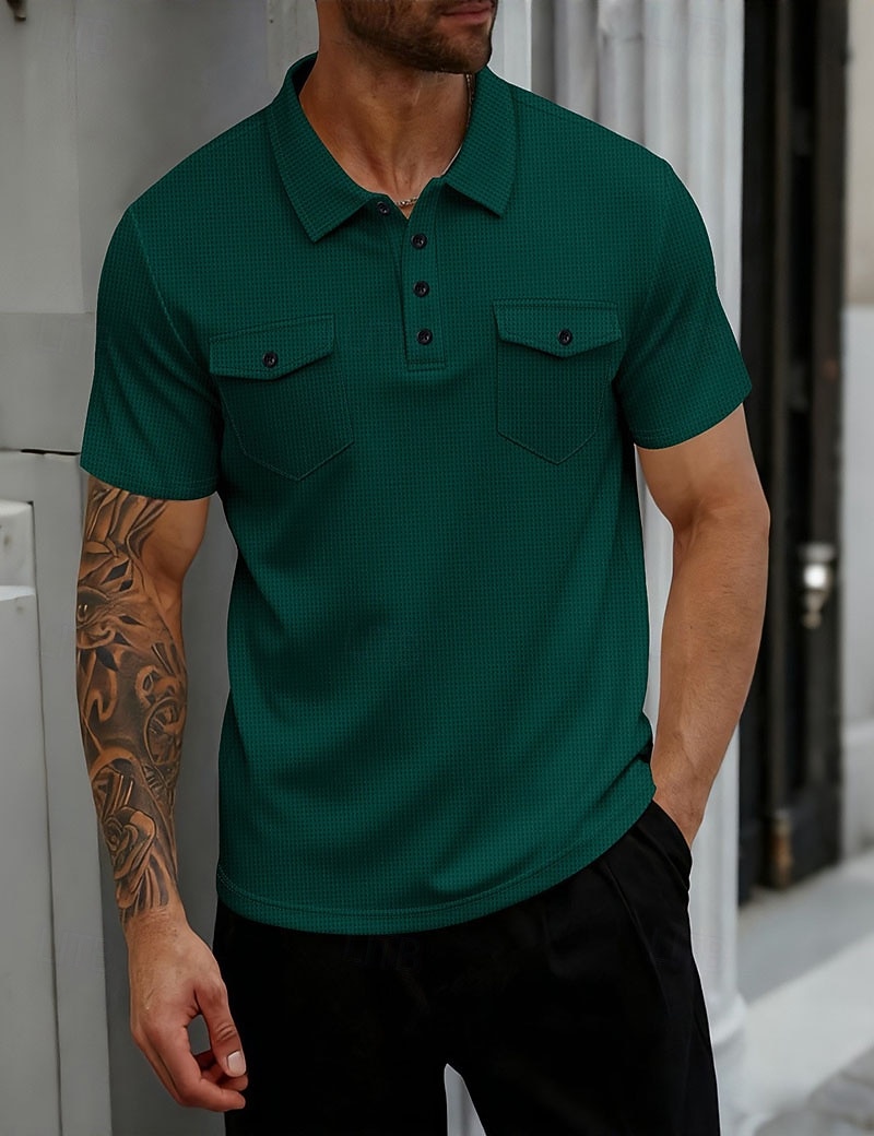 Męskie Koszulki polo waflowe Gra polo Codzienny Urlop Klapa Krótki rękaw Moda Nowoczesny Równina Guziki Przednia kieszeń Lato Wiosna Regularny Głęboka zieleń Czarny Biały Wino Khaki Szary Koszulki 2026 - $22.99 –P10