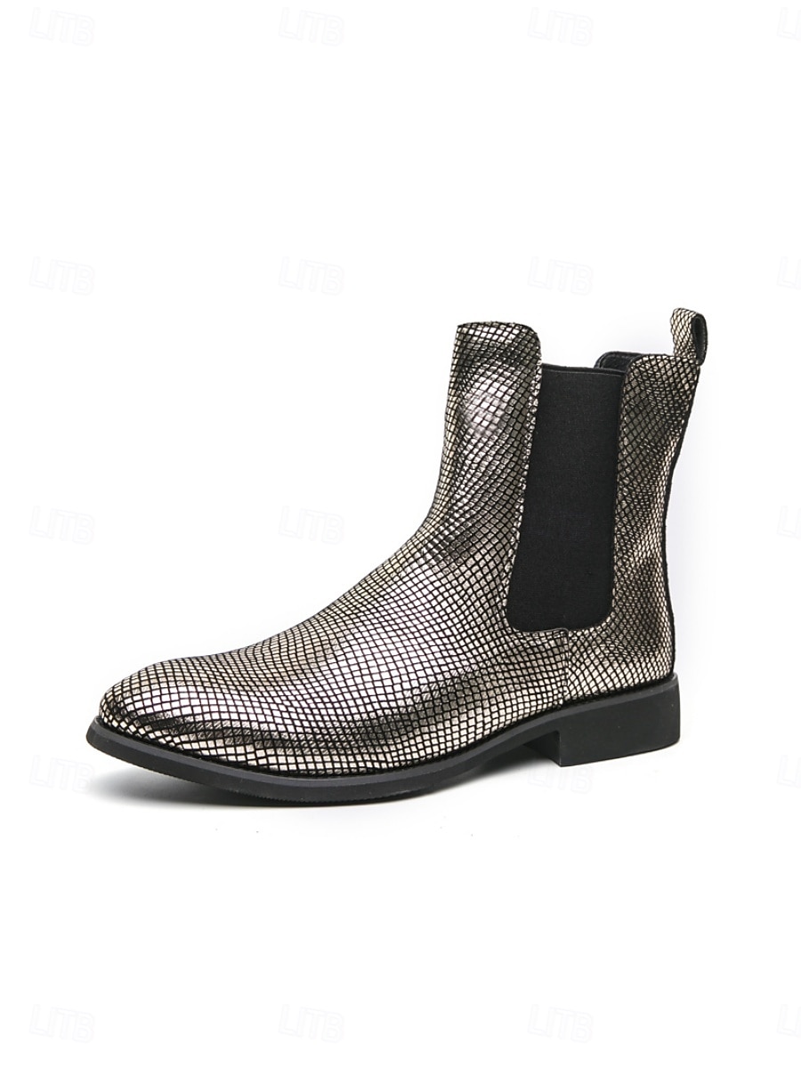Metallic zilveren Chelsea boots voor heren met spitse neus, modieuze enkellaarsjes voor muziekfestivals, podiumoptredens, concerten, feestjes, streetstyle en opvallende mode-looks. 2026 - $59.99 –P11