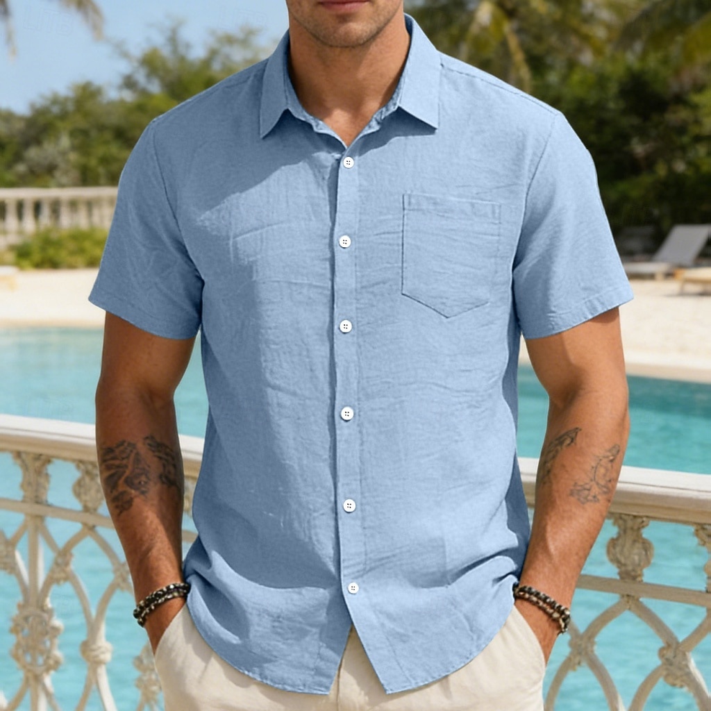 Per uomo Camicia Camicia di lino Camicia con Bottoni Tinta unica All'aperto Vacanza Nero Bianco Verde chiaro Verde scuro Manica Corta Colletto a Camicia Estate Primavera Abbigliamento Tasca del 2026 a $25.99 –P17