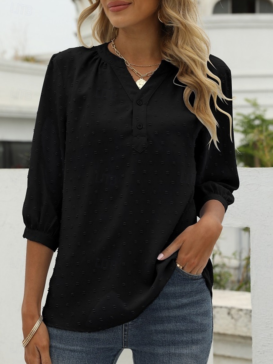 Mujer Blusa Botones Color sólido Elegante Casual Manga 3/4 Escote en Pico Tops regulares Diario Azul Piscina Verde salvia Negro Blanco Rosa Verano Primavera Otoño 2026 - $32.99 –P9