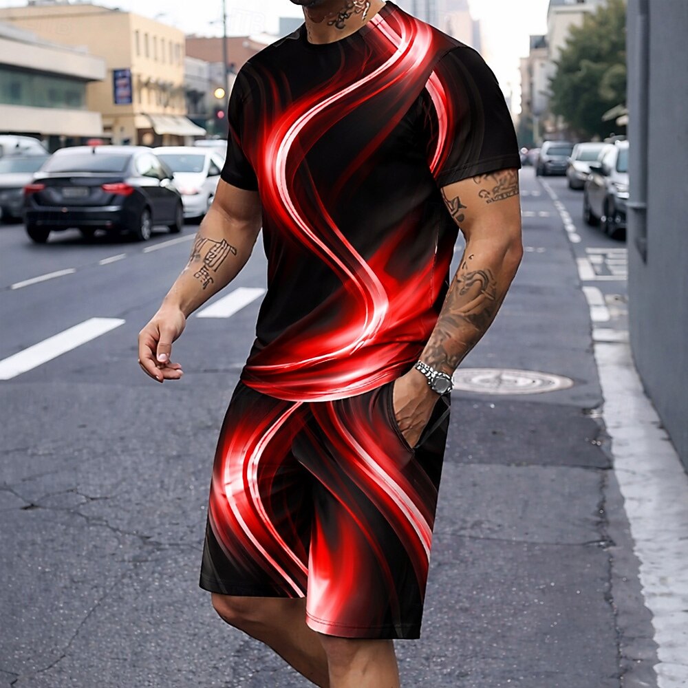 Herre Geometrisk Linje 2stk T-skjorter sett Sommertopper Kortermet Korte bukser Crew-hals Sport Fritid trendy Daglig Feriereise Ut på byen 3D-utskrift Sommer Blå Hvit Lilla 2026 - $28.99 –P2