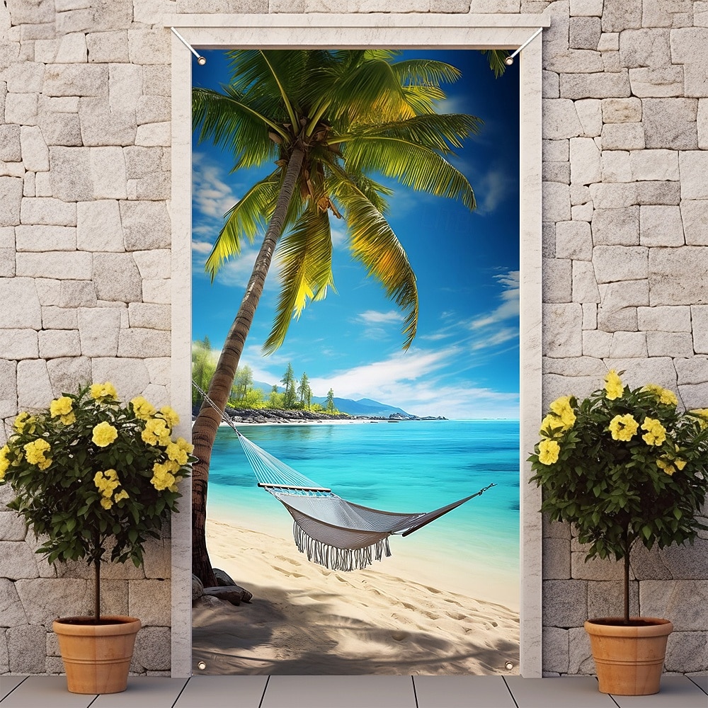 Scenic Coastal Sea View Sailboat Yacht on Turquoise Water with Rocky Cliff and White Flowers Beach Door Banner Cover Wall Tapestry for Home Interior Wall Decoration Front Door Entryway 2026 - $17.99 –P8