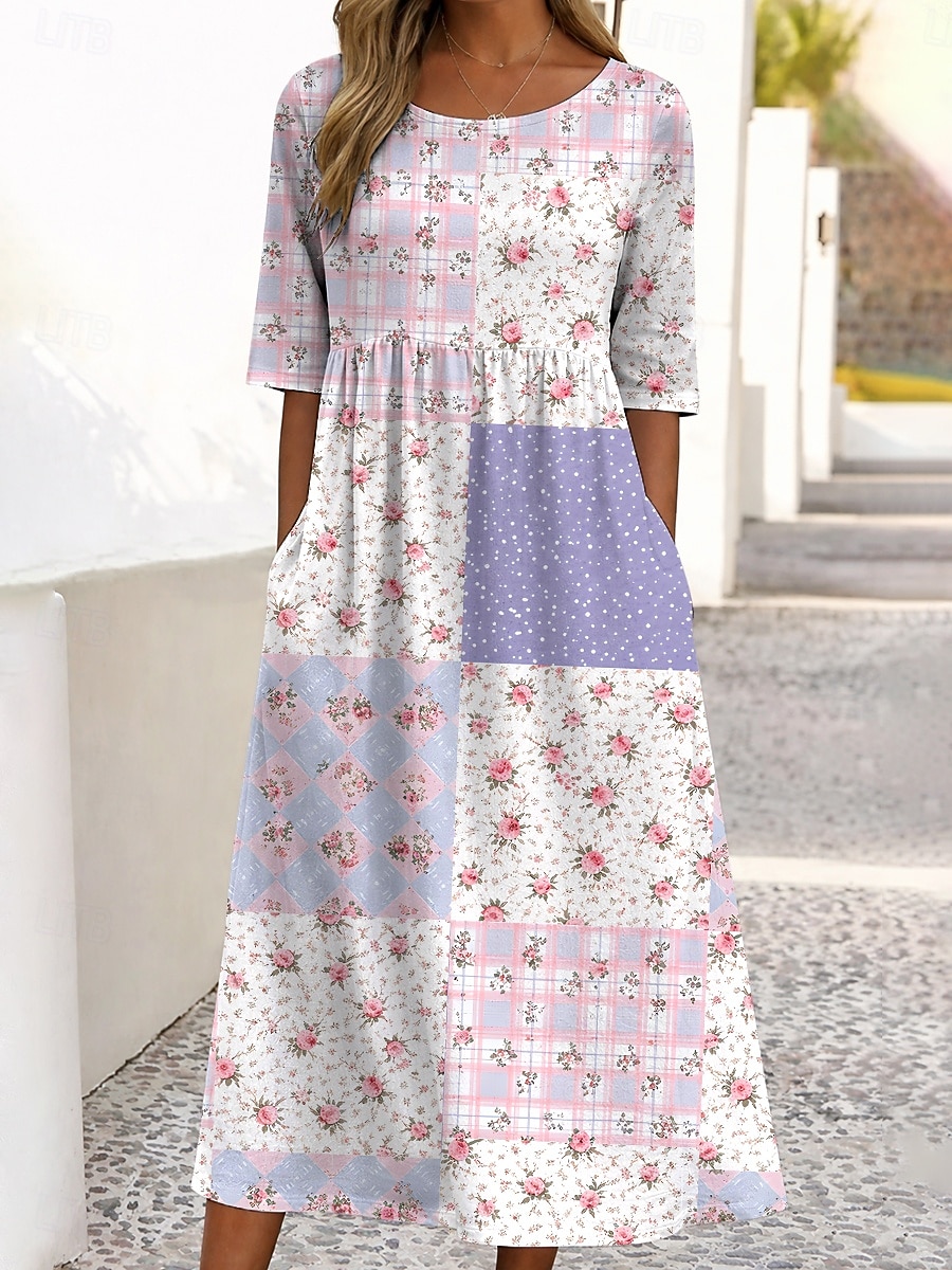 Per donna Abito Midi Vestito Casual Abito Stampato Vintage All'aperto Vacanza Uscire Vestibilità comoda Floreale Grafico Mezza Manica Girocollo Blu Viola chiaro Viola Verde Estate Primavera del 2026 a $29.99 –P6