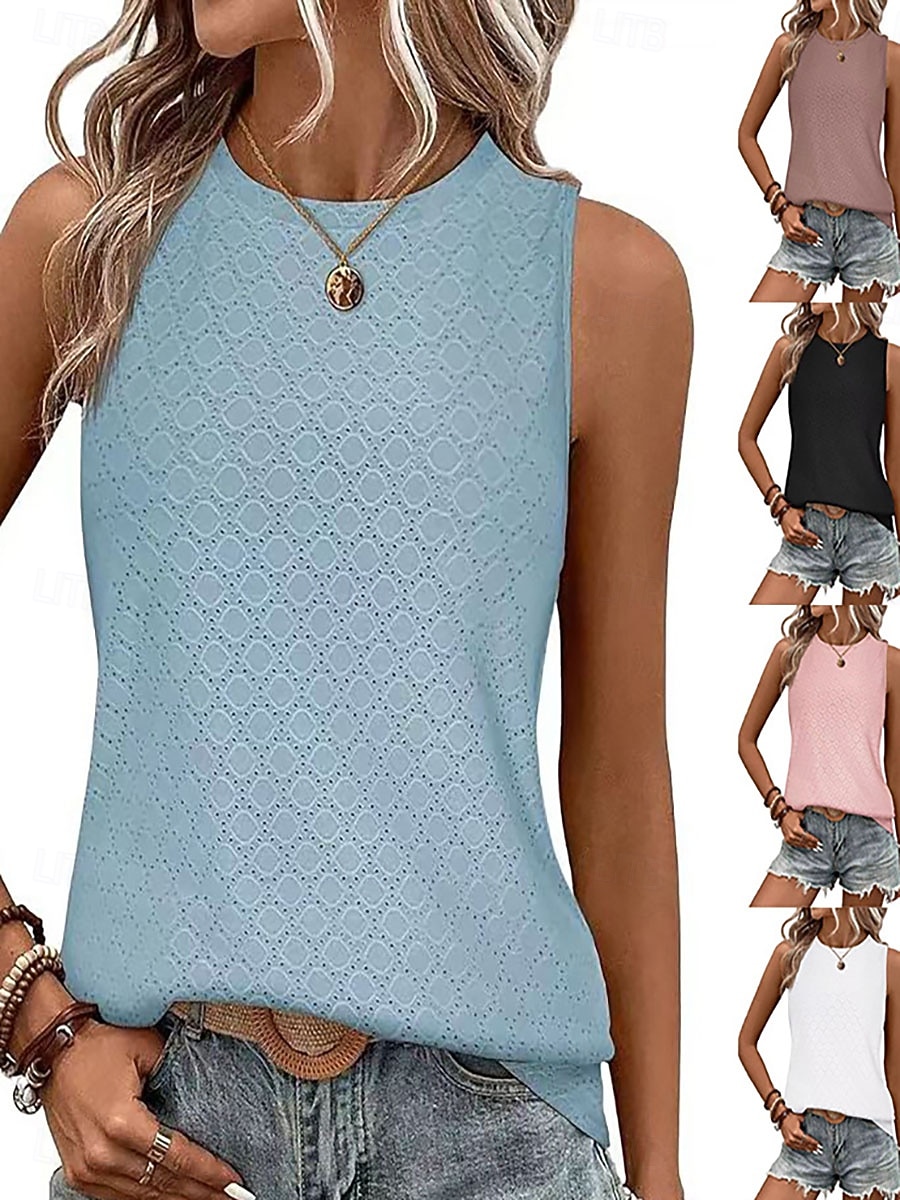 Per donna Maglietta Canotta Patchwork Traforato Tinta unica Moda Elegante Classico Senza Maniche Girocollo Top lunghi Quotidiano Uscire Weekend Bianco Rosa Vino Azzurro cielo Estate Primavera del 2026 a $21.99 –P1