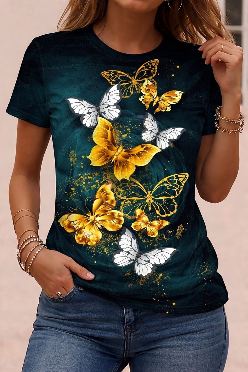 Dames T-shirt Afdrukken Grafisch dier Vlinder Vintage Stijlvol Klassiek Korte mouw Strakke ronde hals Ronde hals Normale tops Dagelijks Weekend Blozend Roze Rood Regenboog Zomer Lente 2026 - $21.99 –P1