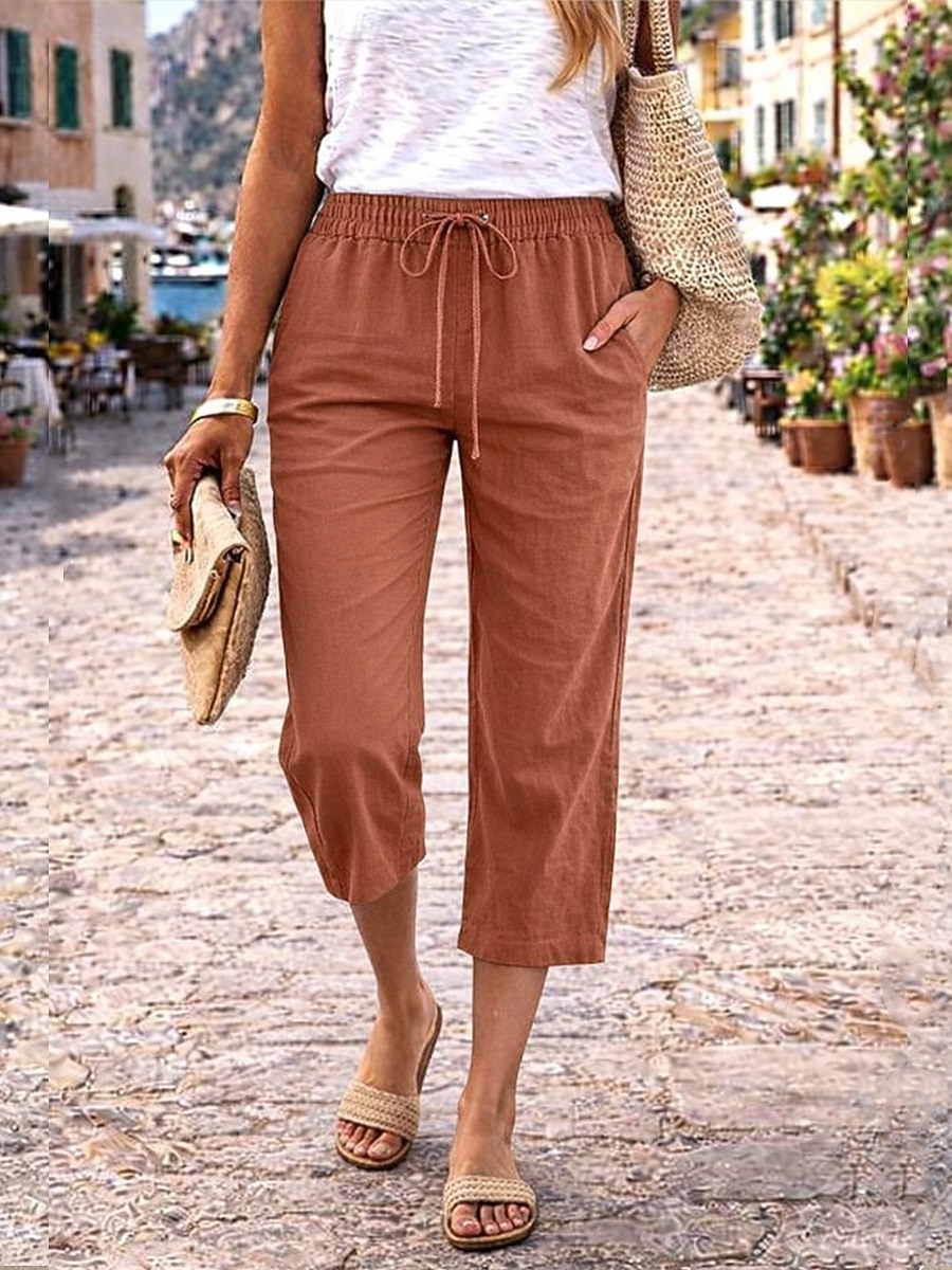 Dame Capri-bukser Linbukser i bomull kinesisk Sommershorts Ferie Grunnleggende Fritid Kalv lengde Høy Midje عادي Lomme Elastisk midje comfy Komfort Myk Elastisk Daglig utendørs Gate Marineblå Vin 2026 - $21.99 –P8