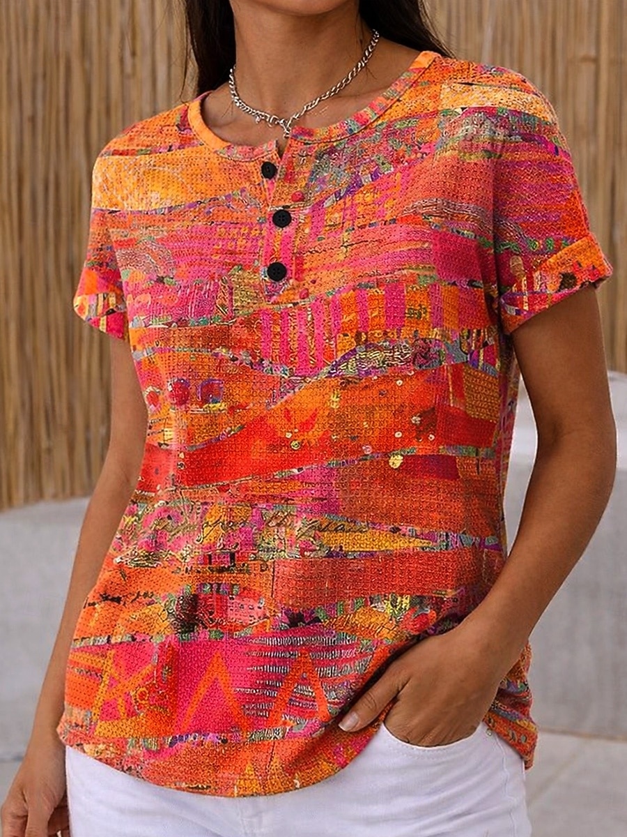 Dámské Waffle T-shirt s potiskem grafiky geometrické vintage stylové klasické krátký rukáv kulatý výstřih pravidelné topy denní černá a bílá černá bílá žlutá červená léto jaro 2026 - $21.99 –P4