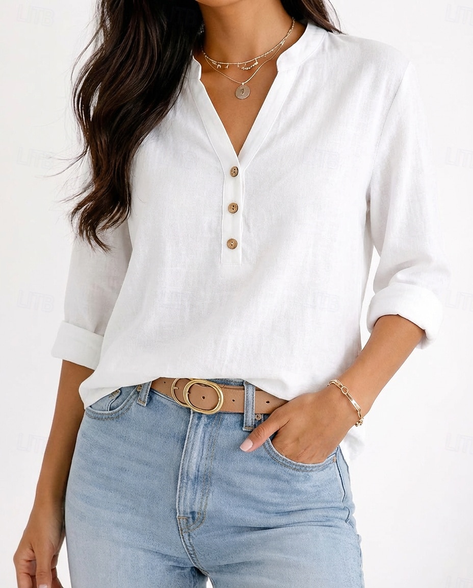 Mujer Blusa Botones Color sólido Vintage Diario Elegante Manga Larga Escote en Pico Tops largos Diario Azul Piscina Negro Blanco Morado Verde Trébol Verano Primavera Otoño 2026 - $22.99 –P2
