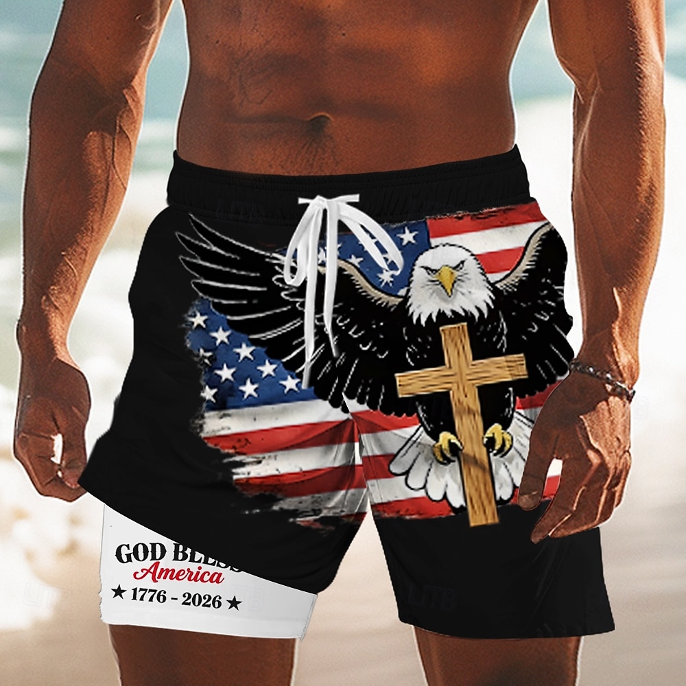 Herr 4 juli USA:s 250-årsjubileum Örn USA: s flagga Fodrade shorts 2 i 1 simshorts Badshorts Medium Midja Patriotisk Helgdag Sidfickor Med kompressionsfoder Elastisk dragsko i midjan Designer Kläder 2026 - $22.99 –P1