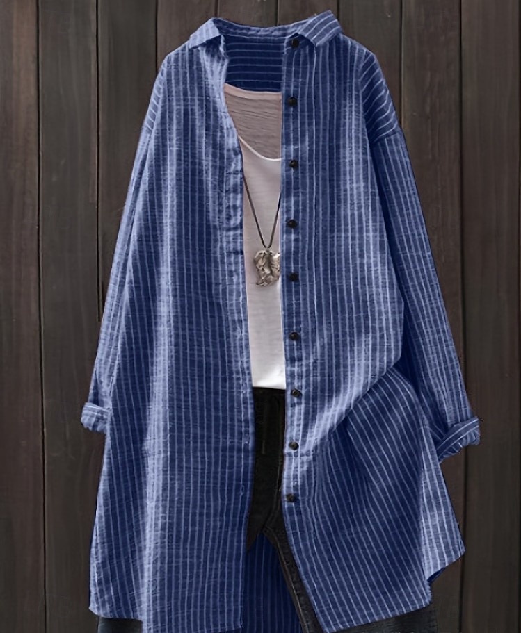 Dame Bluse Knapper Trykt mønster Stripet Årgang Stilfull Fritid Langermet Skjortekrage Lange topper Daglig Svart Sommer Vår Høst 2026 - $24.99 –P5