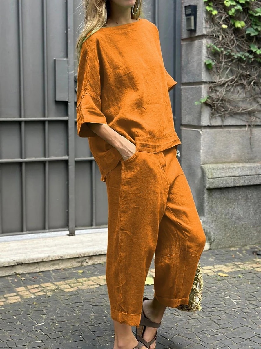 Damen Hosen-Sets Kunstbaumwollleinen Dreiviertelarm Rundhalsausschnitt Einfarbig Elegant Mode Streetwear Lässig Täglich Outdoor Schwarz Weiß Gelb Sommer Normale Passform 2026 - $41.99 –P2