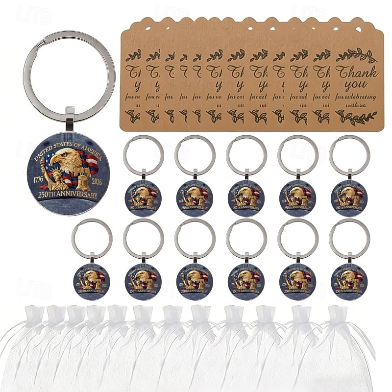36-delige set sleutelhangers ter ere van het 250-jarig jubileum - 12 sleutelhangers / 12 kaartjes / 12 organzazakjes, plat 2D-ontwerp met het Vrijheidsbeeld en een adelaar, 250 jaar 1776-2026, ideaal 2026 - $28.99 –P1