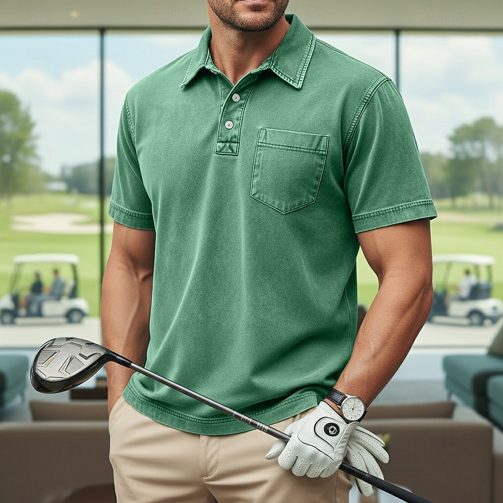 Homens Camisas Polo Camisa 100% algodão com lavagem ácida Casual O negócio Lapela Manga Curta Moda Básico Tecido Vintage Angustiado Verão Primavera Primavera Verão Normal Castanho Escuro Preto Verde de 2026 por $31.99 –P1