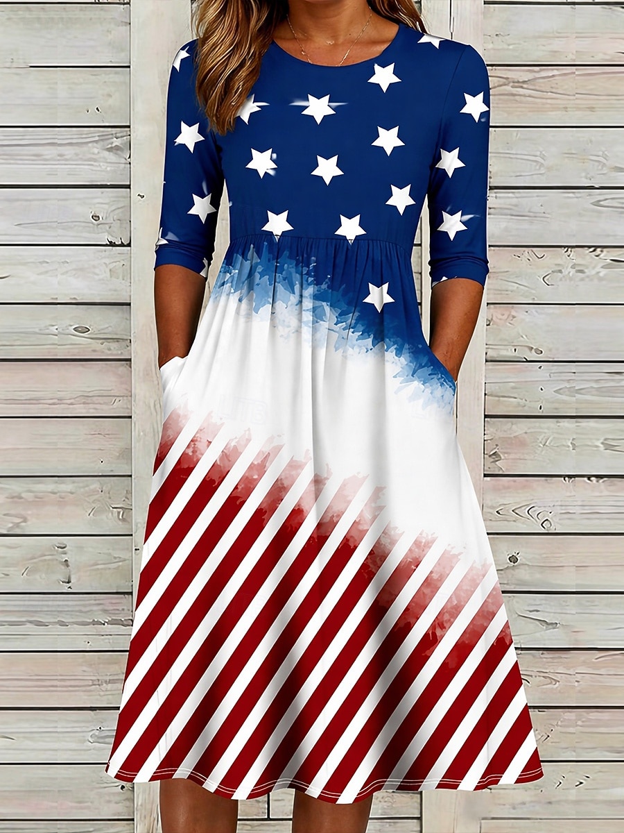 Giorno dell'Indipendenza Americana Per donna Abito Midi Abito a Tubino Casual Quotidiano Abito Estivo Abito Primaverile Vestibilità regolare Floreale Stelle e strisce Manica 3/4 Girocollo Blu Estate del 2026 a $29.99 –P1