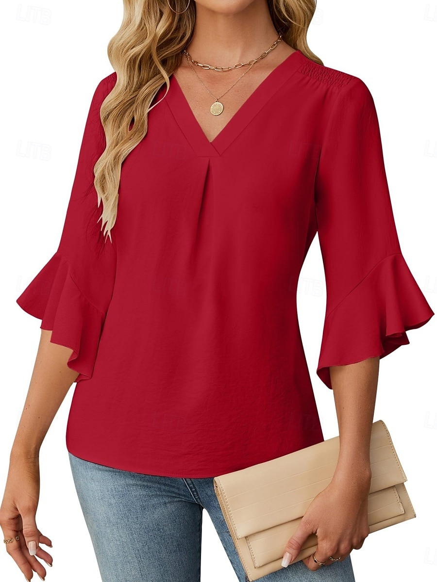 Per donna Camicia Blusa Top in chiffon Volant Semplice Elegante Classico Moderno Manica 3/4 Scollo a V Top Regolari Quotidiano Ferie Uscire Nero Bianco Verde Azzurro Estate Primavera del 2026 a $27.99 –P8