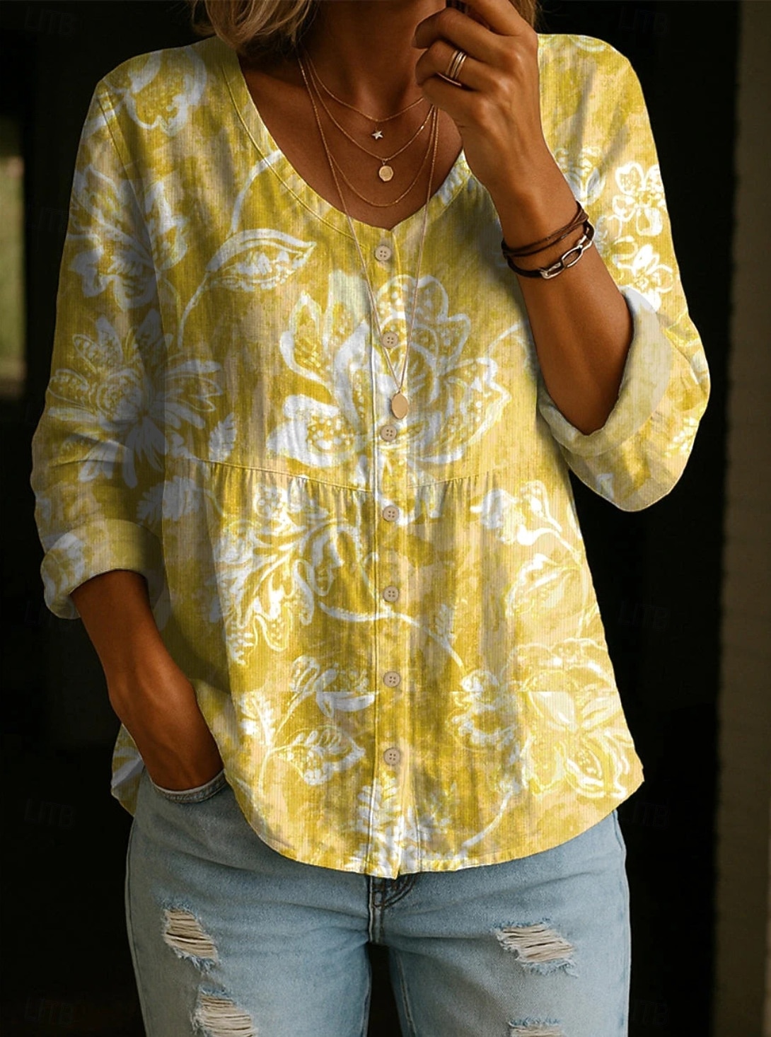 Women's Blouse Buttons Print Floral Graphic Elegant Vacation Vintage Long Sleeve Crew Neck Regular Tops Daily Yellow Pink Purple Fuchsia Orange Summer Spring Fall 2026 - $25.99 –P5