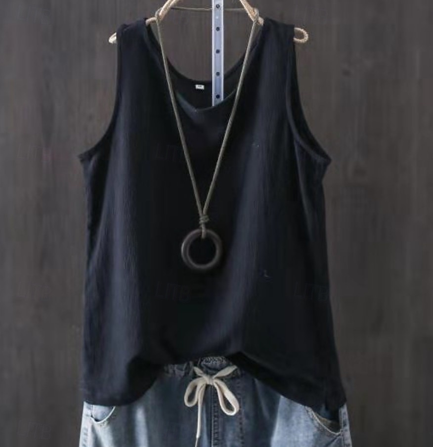 Per donna Finto cotone e lino Semplice Moda Elegante Classico Senza Maniche Manica Corta Girocollo Top Regolari Quotidiano Uscire Weekend Blu Nero Bianco Giallo Rosa Estate Primavera del 2026 a $34.99 –P12