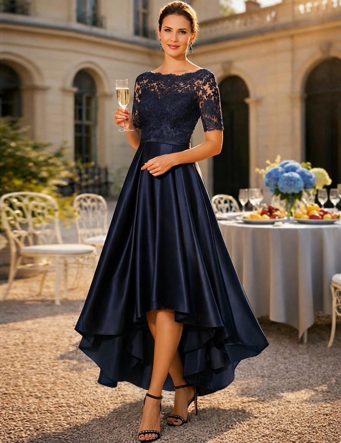 blue dress for baby girl A-Line/Princess Asymmetrical Lace Scoop Neck short Prom Dresses – Angrila