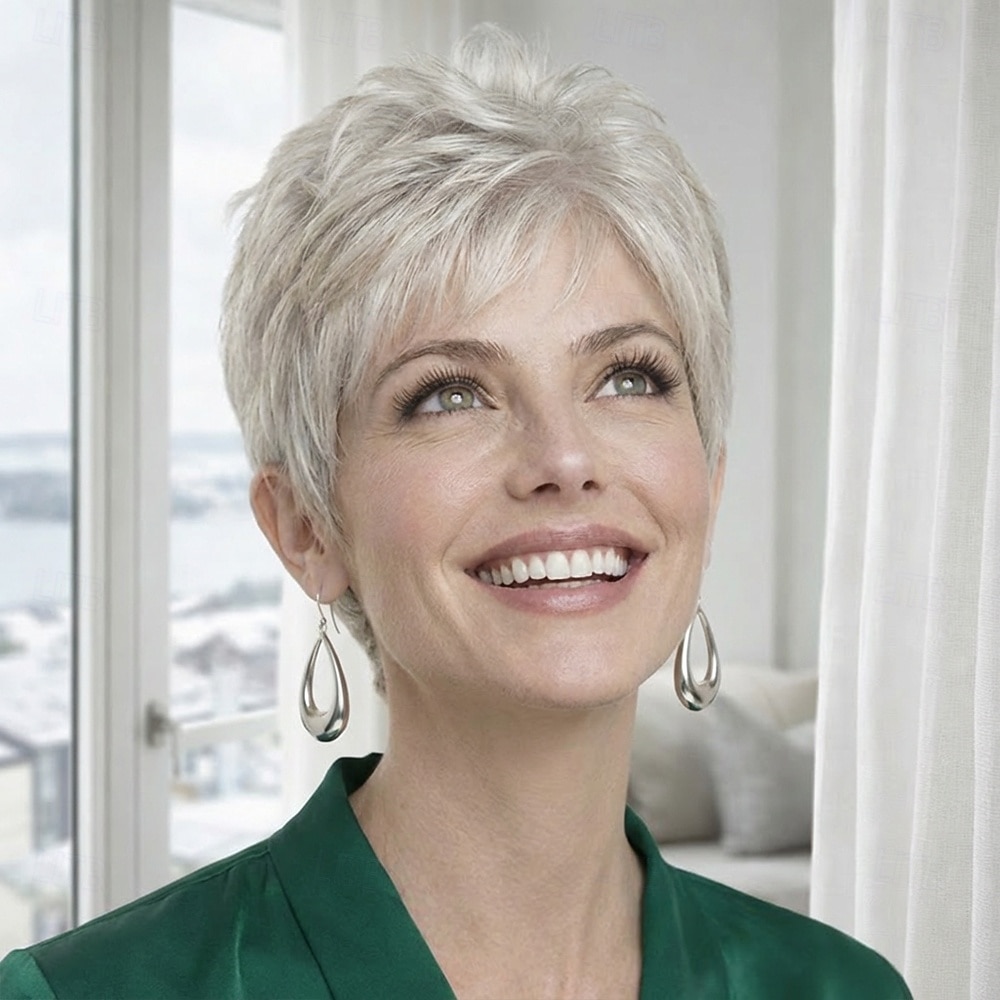 parrucca corta argentata chic da donna, con frangia spettinata e soffice del 2026 a $30.99 –P3