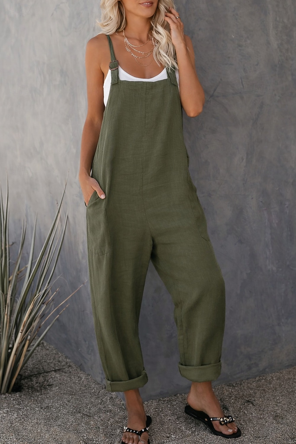 Damen Modisch Overall Jumpsuit Seitentaschen In voller Länge Hose Casual Wochenende Unelastisch Glatt Leinenoptik Komfort Mittlere Taillenlinie Grün Schwarz Rote S M L XL XXL 2026 - $20.99 –P3