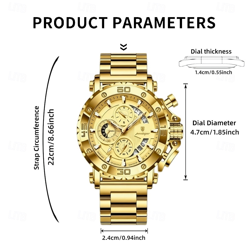 Men's Gold Watch, Luxury Chronograph Big Face Quartz Analog Wristwatch with Gold Stainless Steel Band, Waterproof Luminous Business Sport Fashion Watch with Date Display, Gift for Men 2026 - $46.99 –P10