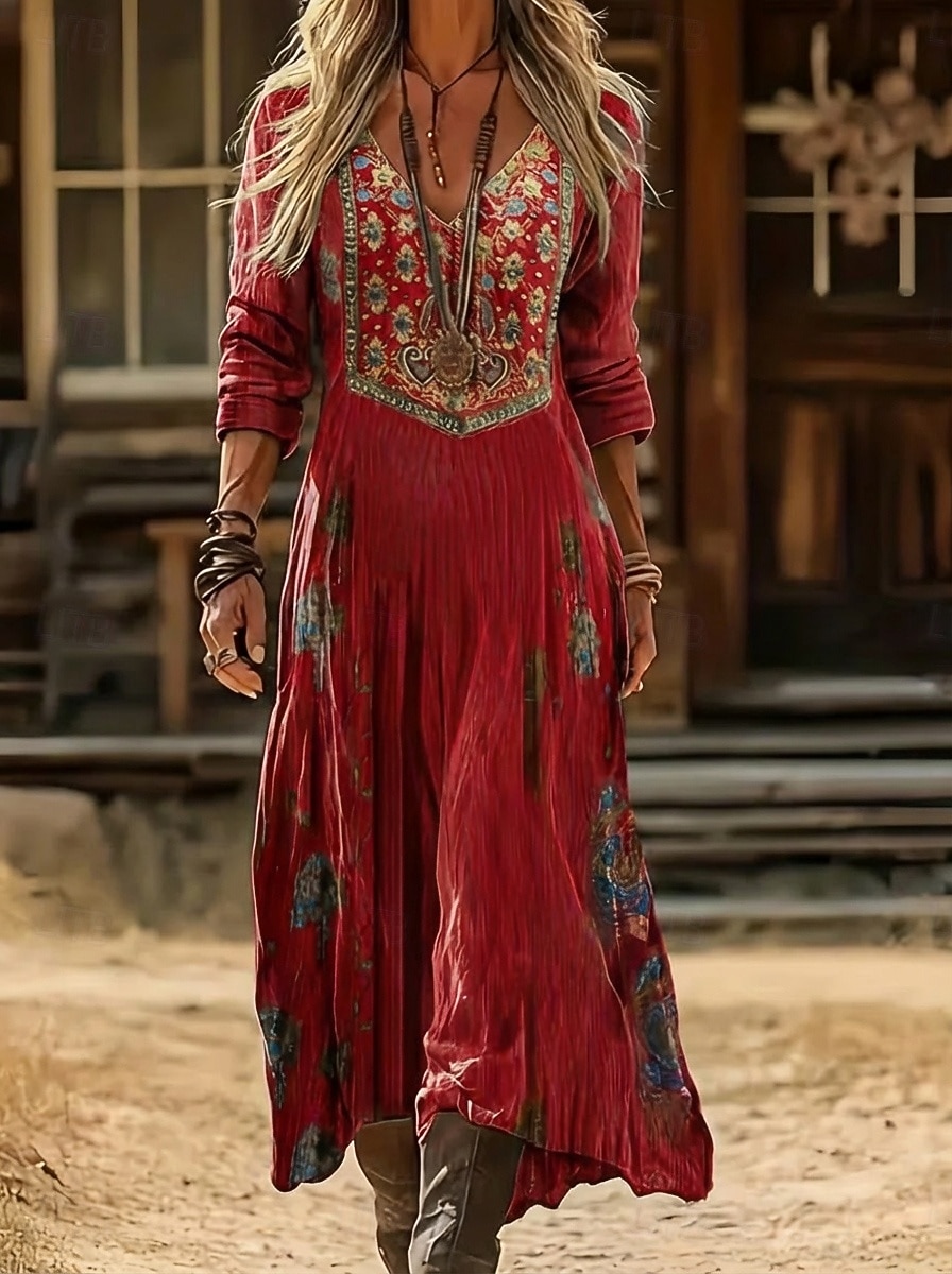 Damskie Sukienka midi Sukienka Boho Zabytkowa sukienka Codzienne sukienki Moda Klasyczny Nowoczesny Codzienny Na zewnątrz Urlop Regularny Kwiaty Długi rękaw W serek Niebieski Czerwony Granatowy 2026 - $37.99 –P4