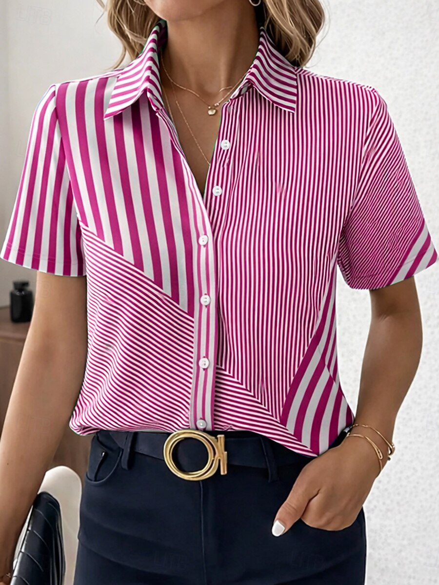 Dames Overhemd Knop Afdrukken Grafisch Geometrisch Vintage Stijlvol Modern Korte mouw Overhemdkraag Normale tops Dagelijks Kantoor blauw Blozend Roze Paars Groen Zomer Lente 2026 - $26.99 –P4